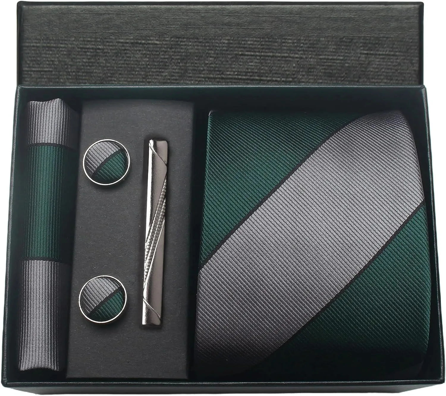 Coffret Cravate Rayée Vert & Argent