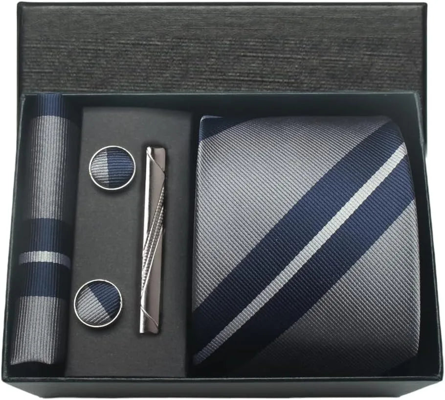 Coffret Cravate Gris Bleu Marine à Rayures