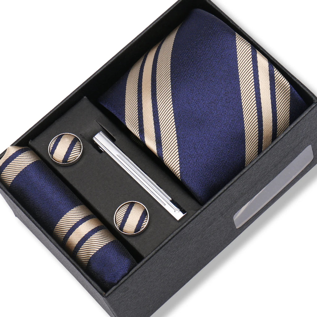Coffret Cravate Bleu Marine & Beige Rayures Classiques