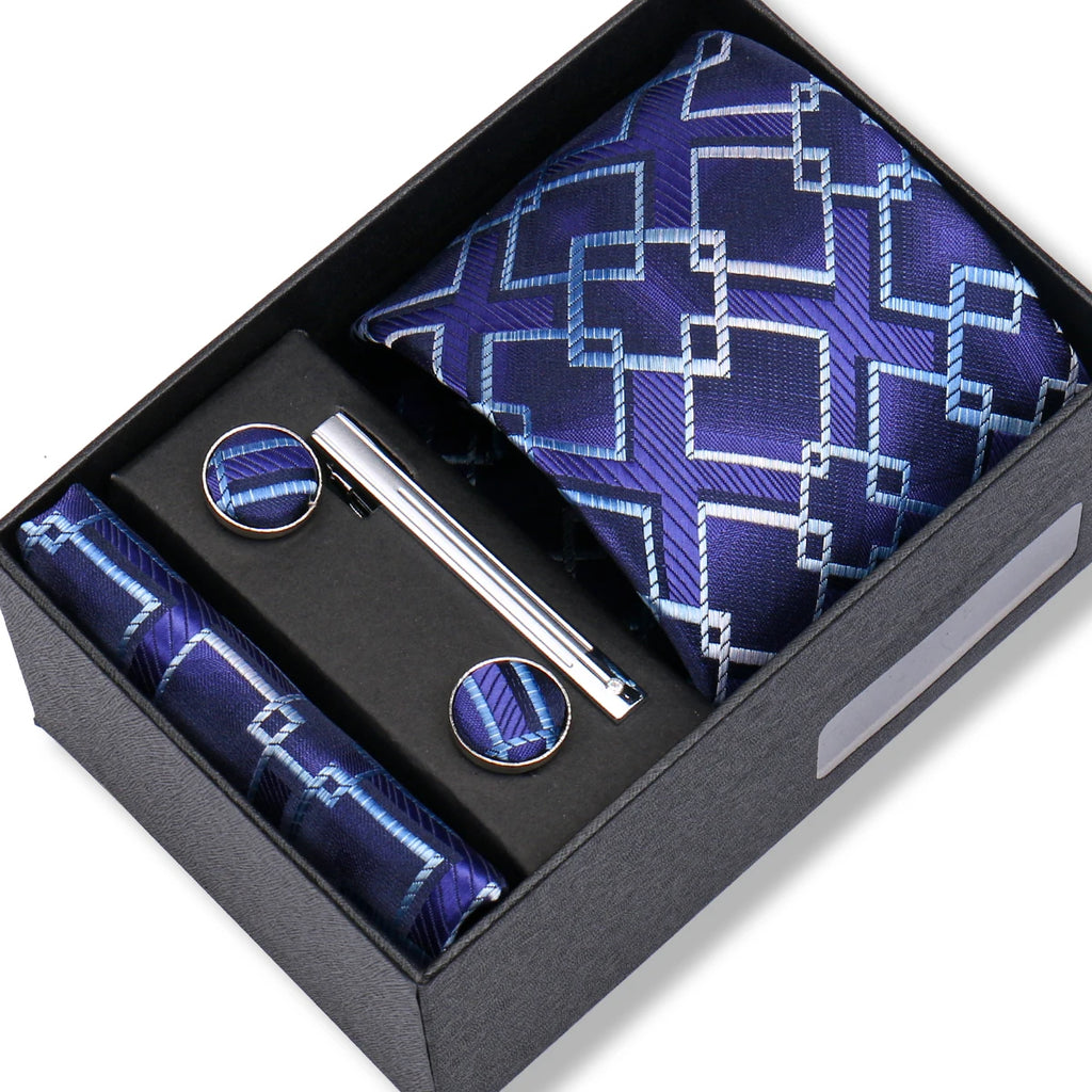 Coffret Cravate Bleu Violet Motif Géométrique Entrelacé