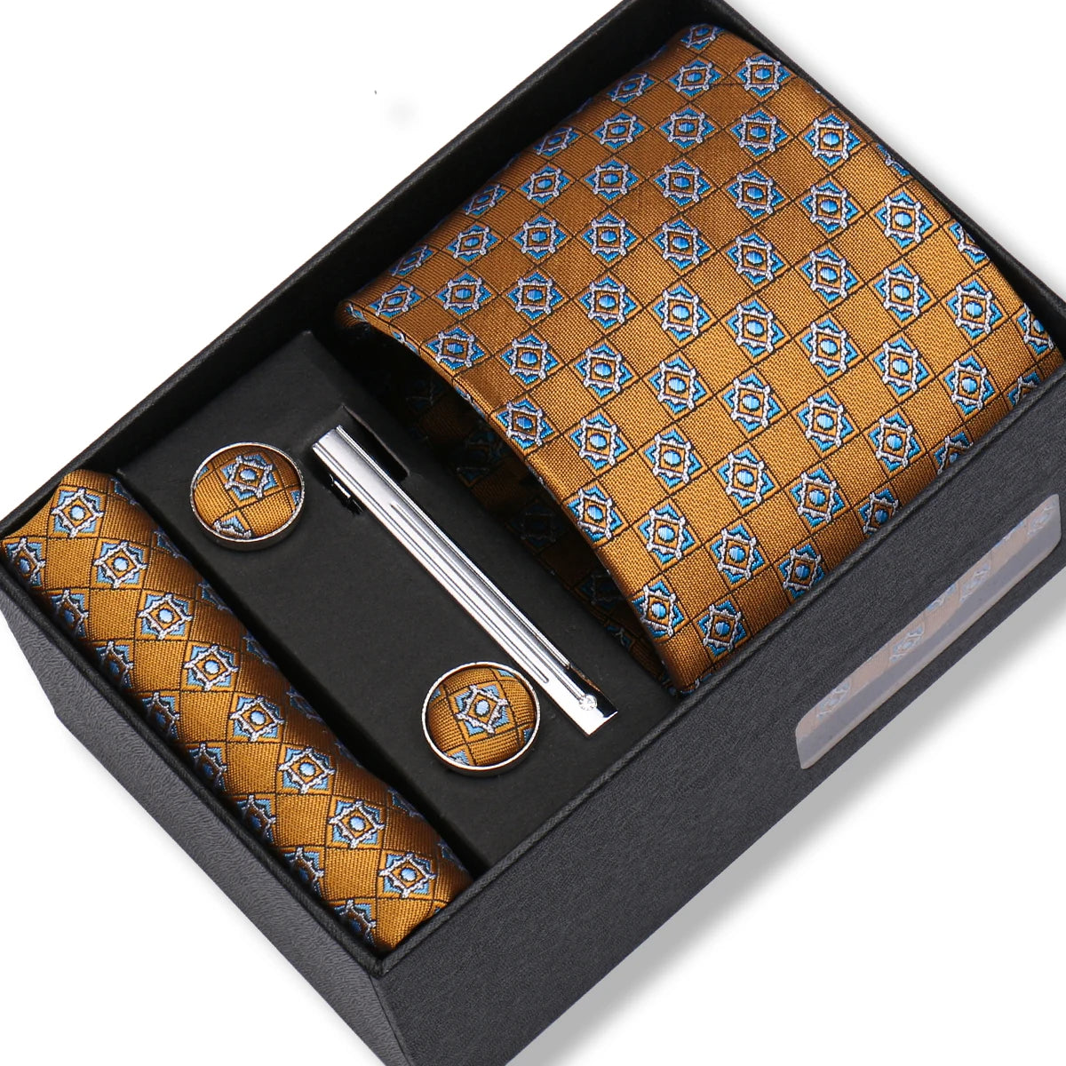 Coffret Cravate Camel à Motifs Bleus