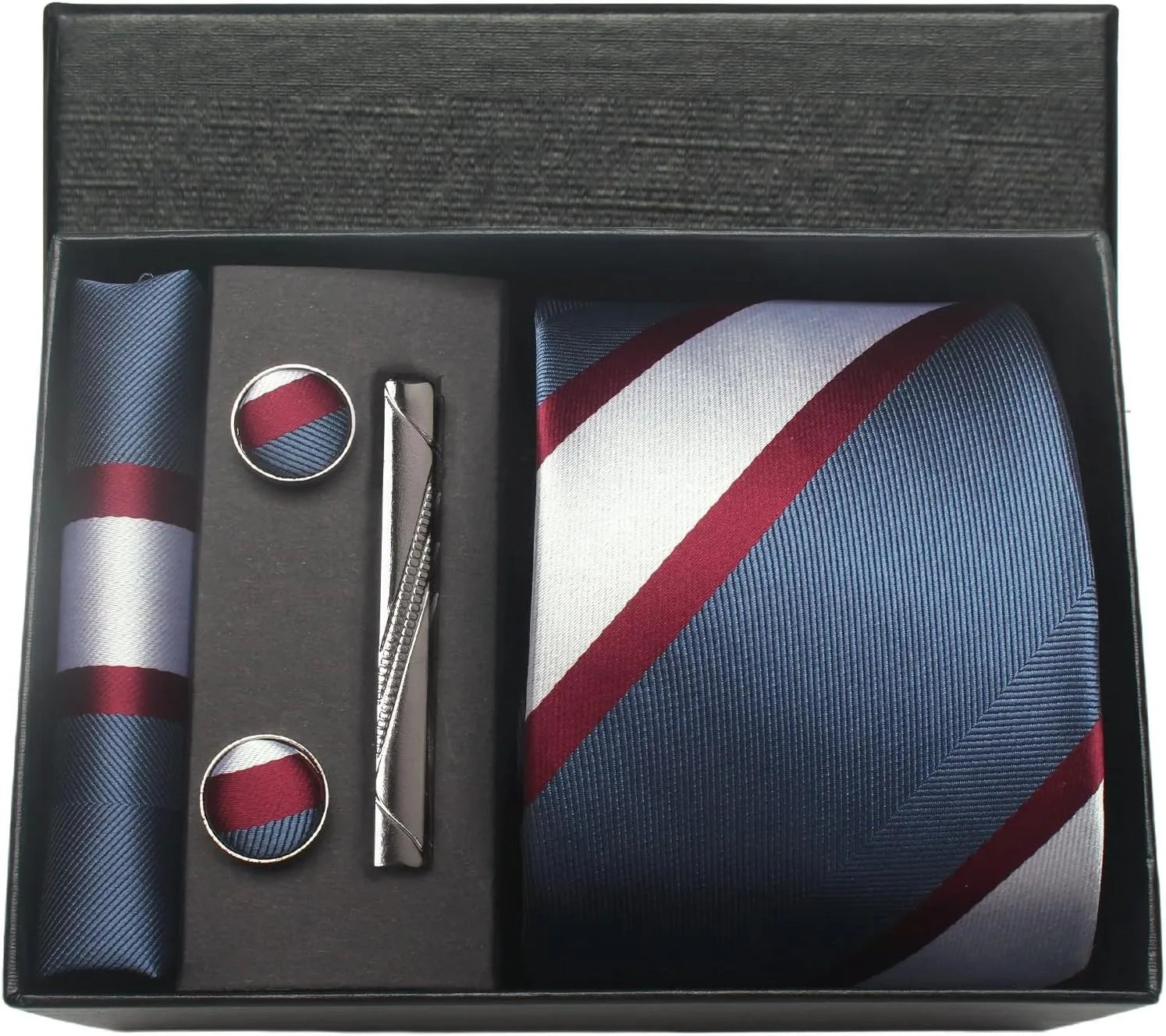 Coffret Cravate Rayée Bleu Blanc Bordeaux