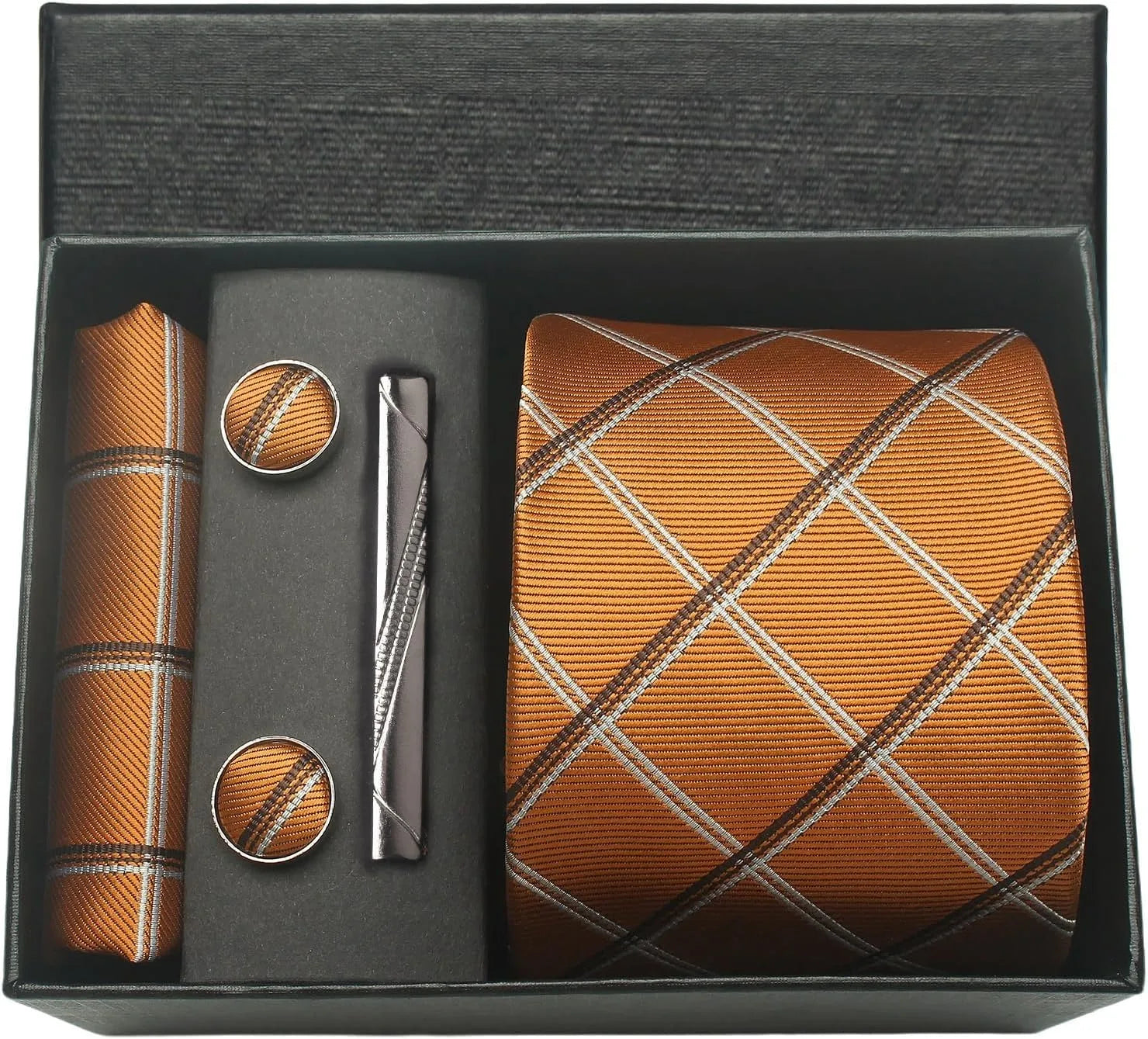 Coffret Cravate Rayée Orange & Brun