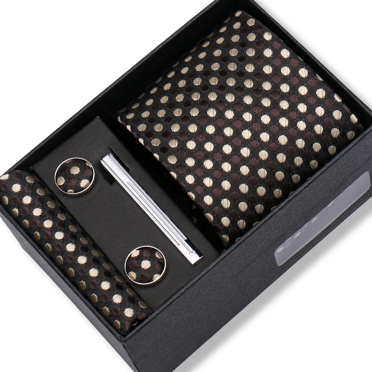 Coffret Cravate Noire à Pois Beige Marron