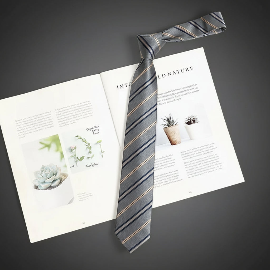 Cravate Slim Grise Rayée Bleu Marine & Beige