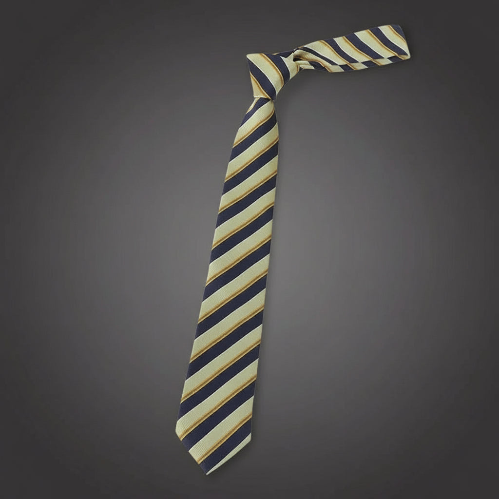 Cravate Slim Vert Clair à Rayures Marine & Dorées