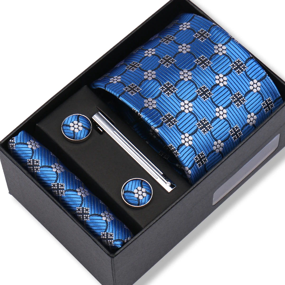 Coffret Cravate Bleue Motif Géométrique
