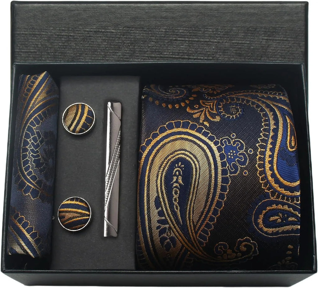 Coffret Cravate Bleu & Or à Motif