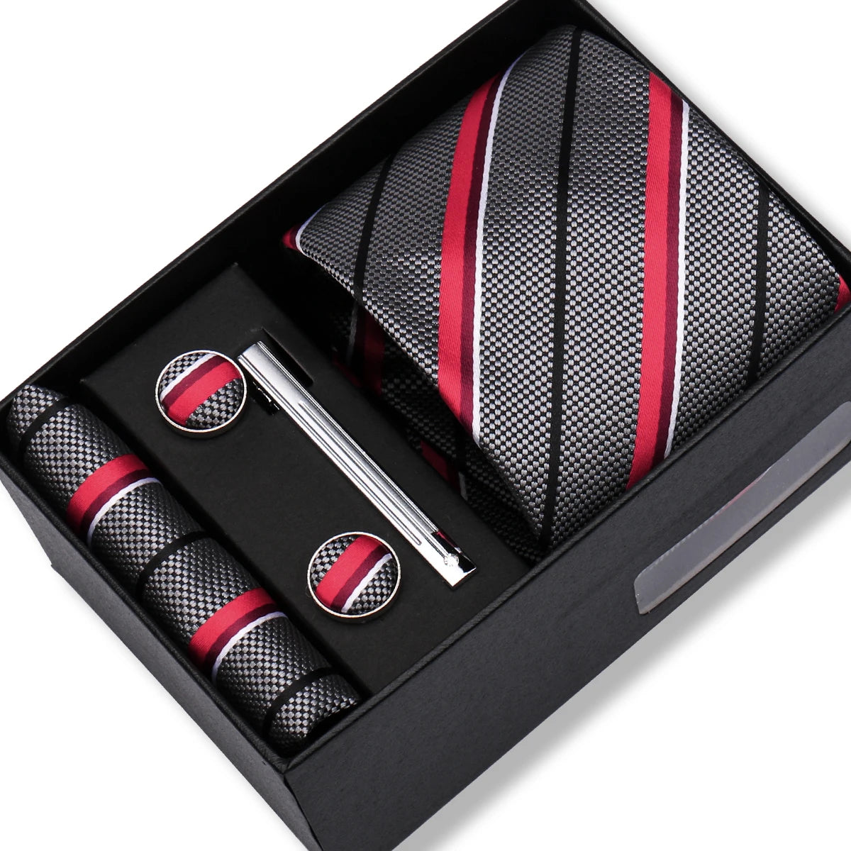Coffret Cravate Gris Anthracite Rayures Rouges