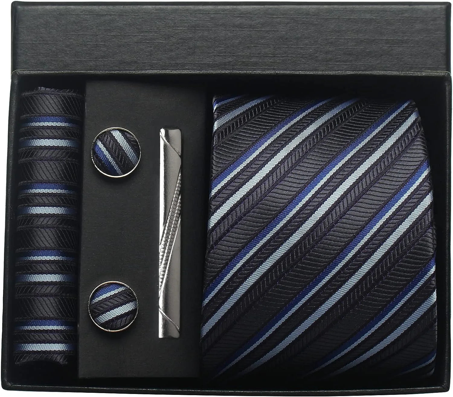 Coffret Cravate Rayée Noire & Bleu Marine