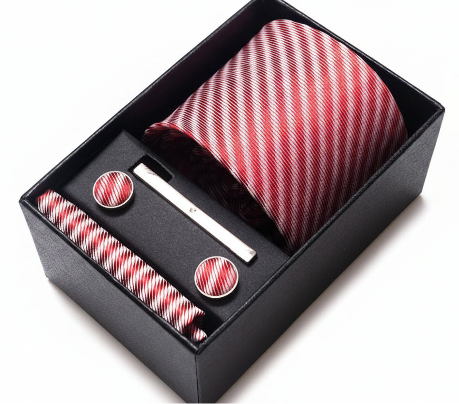 Coffret Cravate Rouge Rayée Blanc