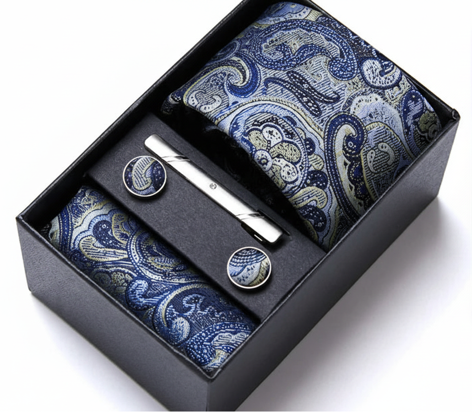 Coffret Cravate Bleu Marine Motif Cachemire