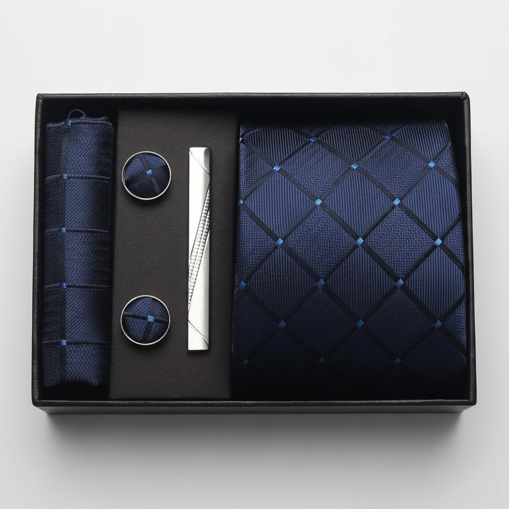 Coffret Cravate Bleu Marine à Motif Carreaux