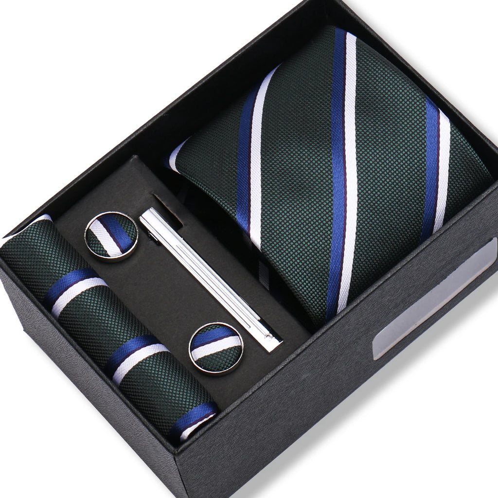 Coffret Cravate Vert Forêt Rayures Marine & Blanc