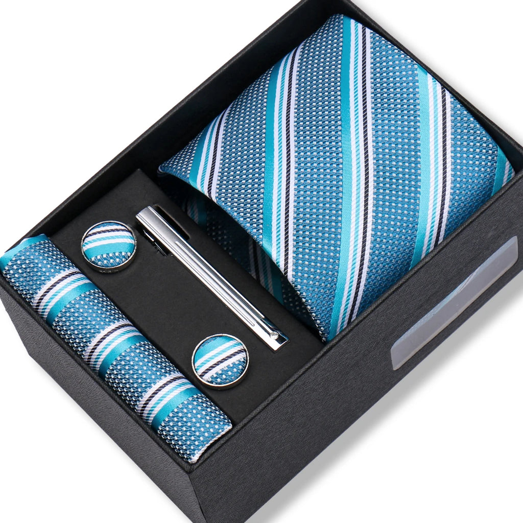 Coffret Cravate Bleu Turquoise Rayée
