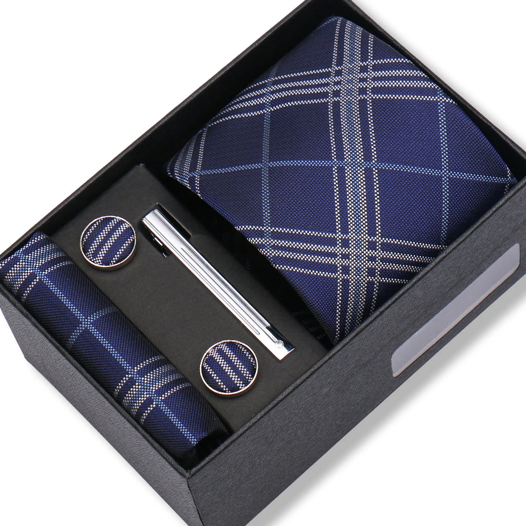 Coffret Cravate Bleu Marine & Gris à Carreaux