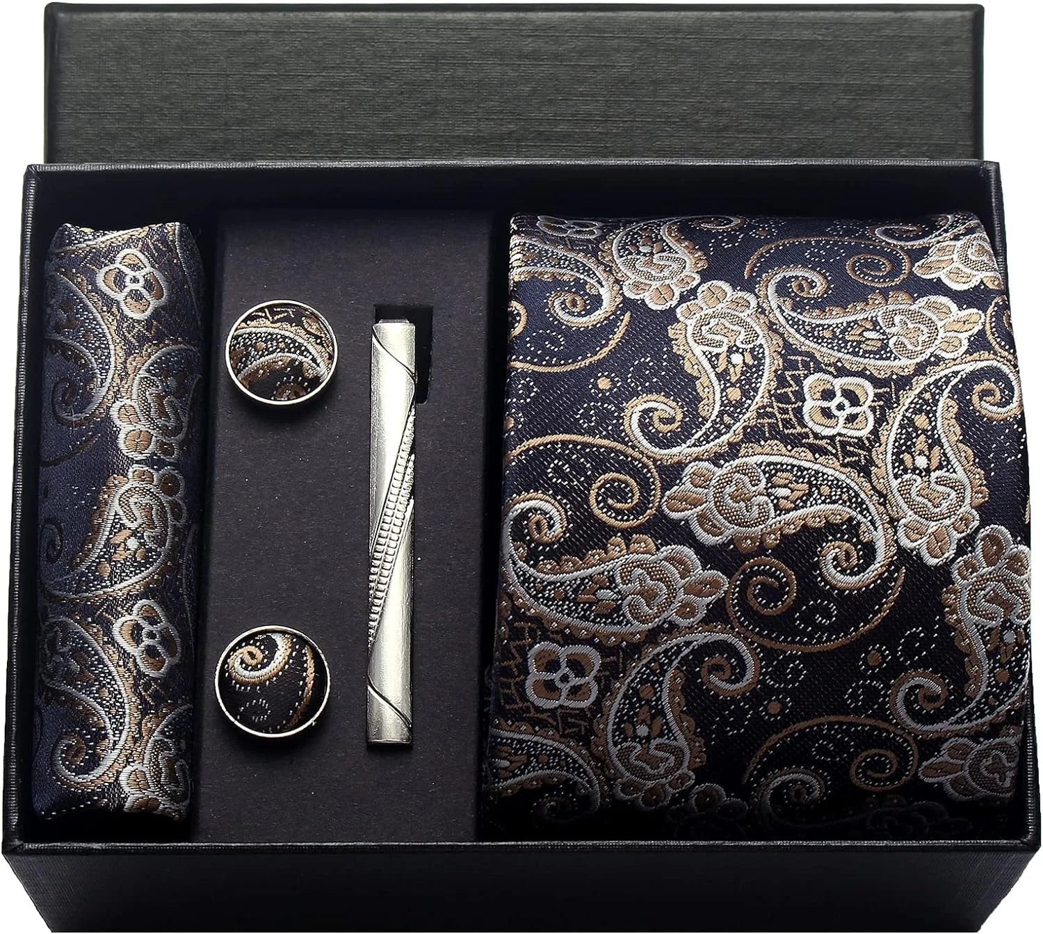 Coffret Cravate Bleu Marine & Doré à Motif